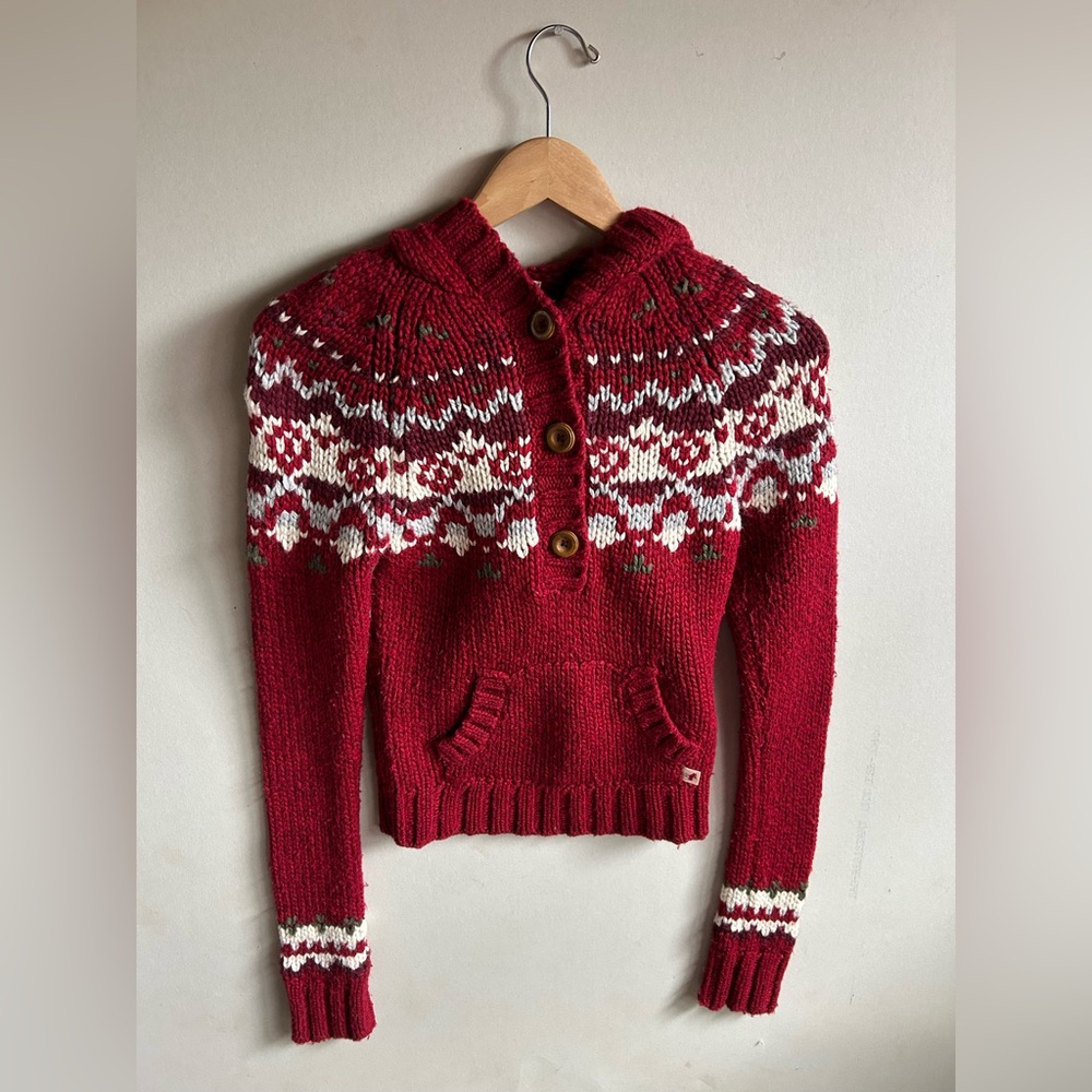Abercrombie & Fitch Red and White Fair Isle Wool Sweater with hood.